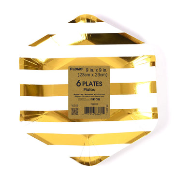 Placa hexagonal con franja dorada de 6Pk 9" con sello caliente