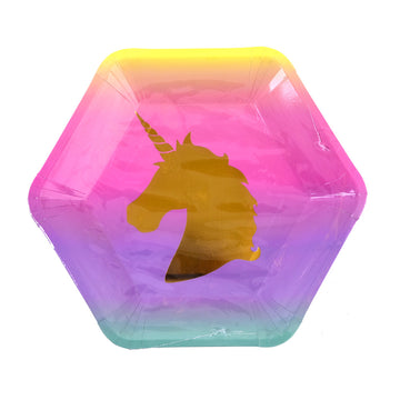 8Pk 7" Placa hexagonal de Unicornio Arco Iris con estampado en caliente