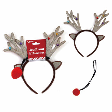 9.5" Christmas Glitter Antlers With Bells Headband & Nose Set
