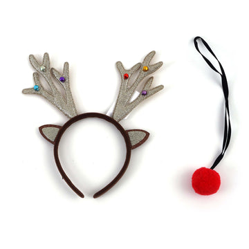 9.5" Christmas Glitter Antlers With Bells Headband & Nose Set