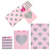 3Pk Multi Size M/L/E Stripe-Hearts Glitter On Glossy Gift Bags, 3 Assorted Designs