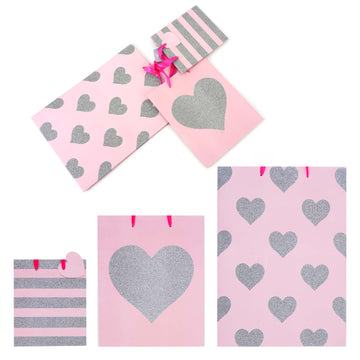 3Pk Multi Size M/L/E Stripe-Hearts Glitter On Glossy Gift Bags, 3 Assorted Designs