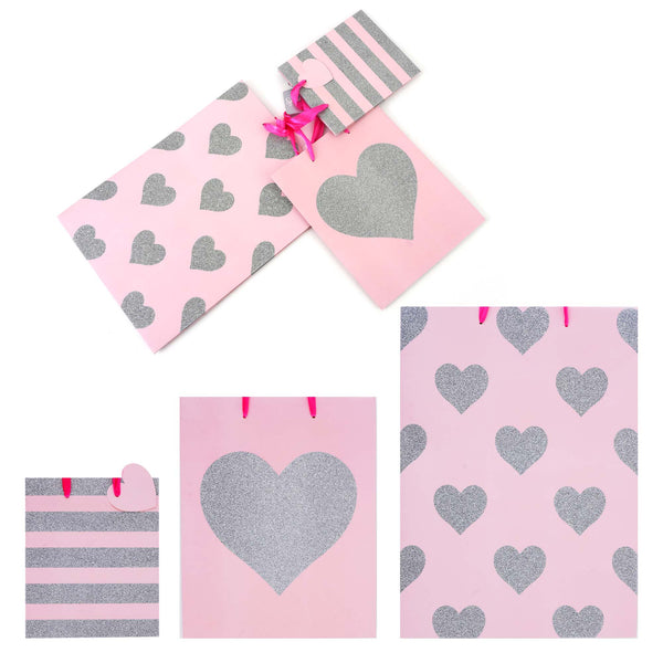 3Pk Multi Size M/L/E Stripe-Hearts Glitter On Glossy Gift Bags, 3 Assorted Designs