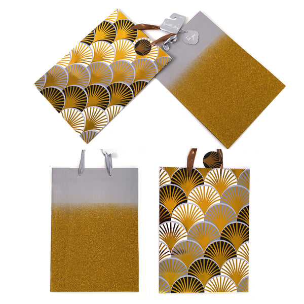 2Pk Extra Large Festive Holiday Gold And Silver Ombre Glitter/Hot Stamp Gift Bags,2 Designs