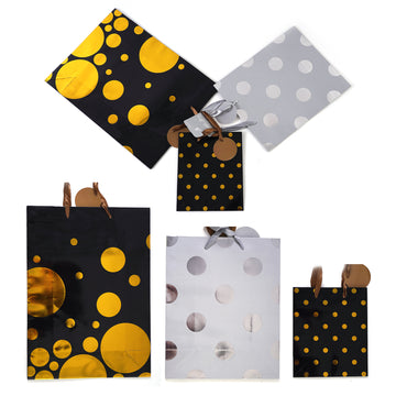 3Pk Multi Sizes M+L+E Festive Holiday Gold And Silver Hot Stamping Gift Bags, 3 Designs
