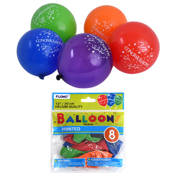 8Pack, 12" "Congratulations" Printed Balloons, 5 Colors Assorted