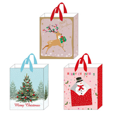 3Pk Large Christmas Gift Bag, Holiday Deer/Tree/Snowman W/Hot Stamp, 3 Designs