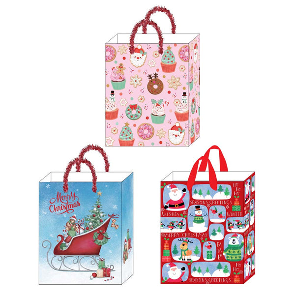 3Pk Large Christmas Gift Bag W/Hot Stamp, Sleigh, Icons & Sweets, 3 Designs