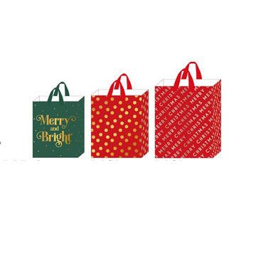 3Pk M/L/E Christmas Bags W/Hot Stamp, Holiday Happiness, 3 Designs
