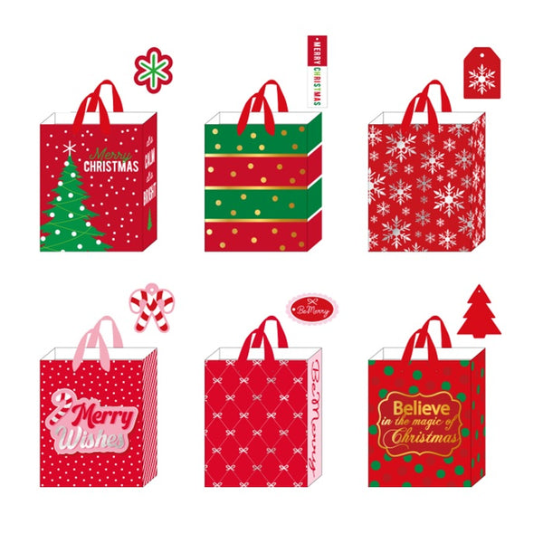 6Pk Large Christmas Hot Stamp/Glitter Bags, Holiday In Red, 6 Designs