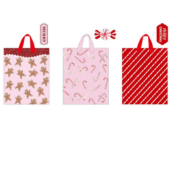 3Pk Large Christmas Bag W/Hot Stamp-Glitter, Pink Peppermint, 3 Designs