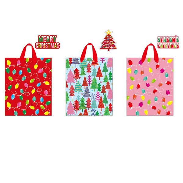 3Pk Large Christmas Bag W/Hot Stamp, Lights & Trees, 3 Designs