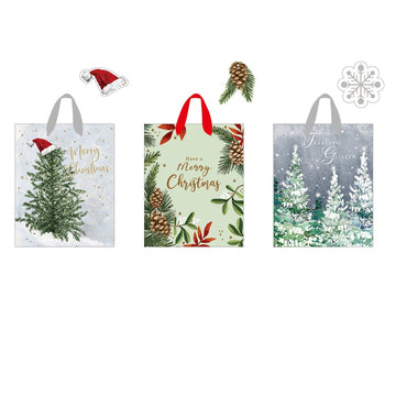 3Pk Large Christmas Bag W/Glitter & Hot Stamp, Merry Trees & Pinecones, 3 Designs
