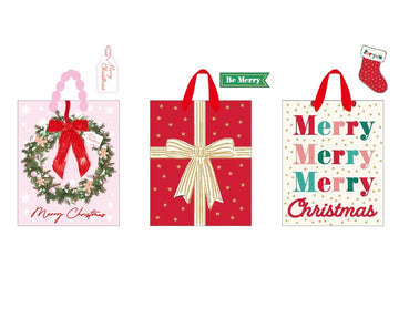 3Pk Large Christmas Bag W/Hot Stamp, Merry Bow Holiday, 3 Designs