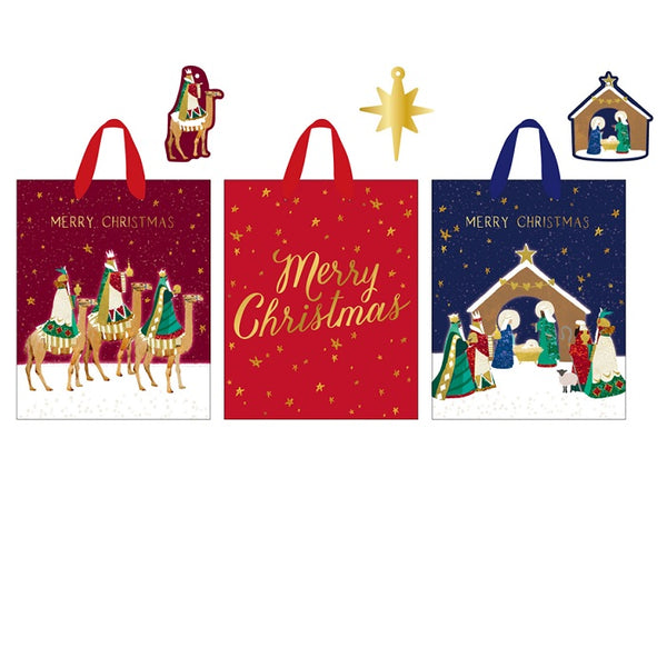 3Pk Extra Large Christmas Bags W/Hot Stamp, 3 Kings & Manger, 3 Designs