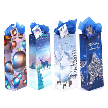 Bottle Christmas Sparkles In Blue Printed Bag, 4 Designs
