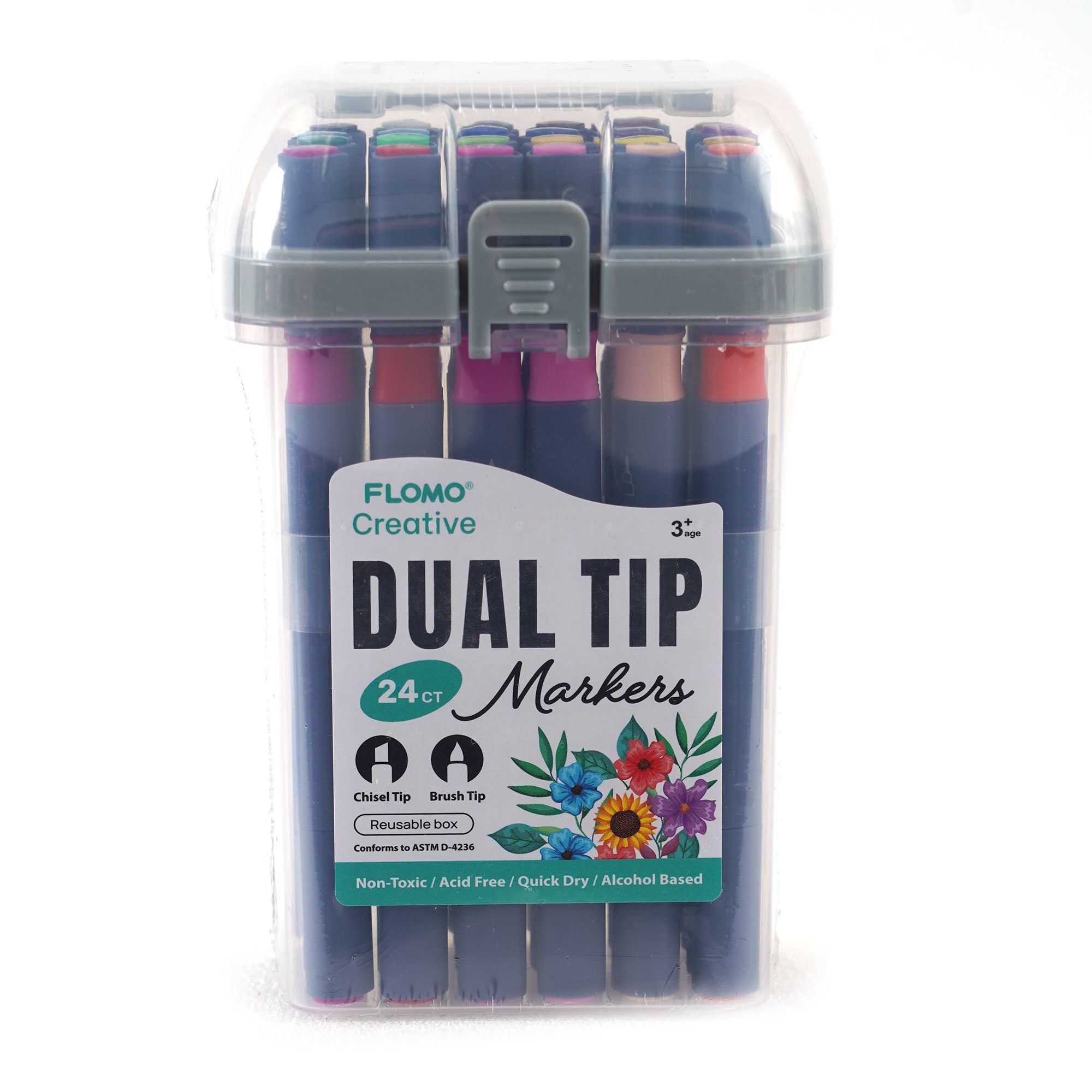 24Ct Dual Tip Chisel & Brush Tip Markers With Blue Barrel In