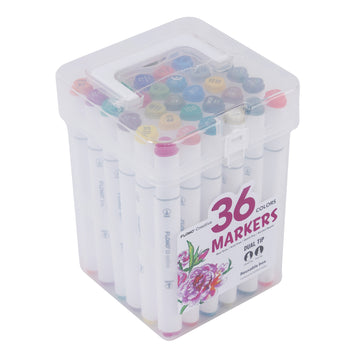 36Ct Dual Tip Chisel & Fine Tip Markers With Matte White Barrel In Reusable Case With Handle