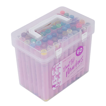 60Ct Dual Tip Chisel & Fine Tip Markers With Pink Barrel In Reusable Case With Handle