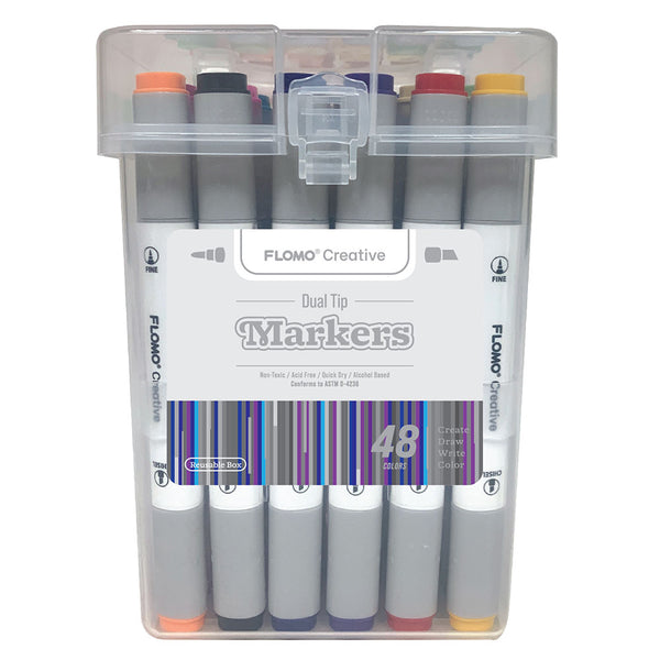 48Ct Dual Tip Chisel & Fine Tip Markers W/ White Matte Barrel & Gray Caps In Reusable Case