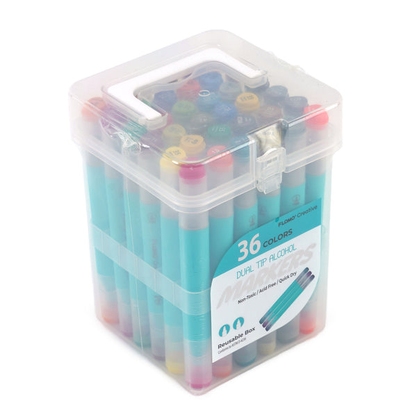 36Ct Dual Tip Chisel & Fine Tip Markers W/ Matte Robin Egg Blue/Clear Caps In Reusable Case