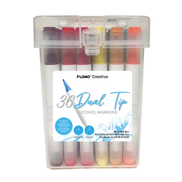 36Ct Dual Tip Chisel & Fine Tip Markers With Matte White Barrel/Clear Caps In Reusable Case