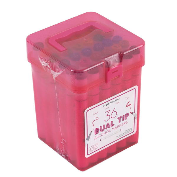 36Ct Dual Tip Chisel & Fine Tip Markers W/ White Barrel In Translucent Hot Pink Glitter Case