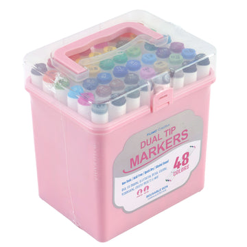 48Ct Dual Tip Chisel & Fine Tip Markers With Matte White Barrel In Pink Reusable Case