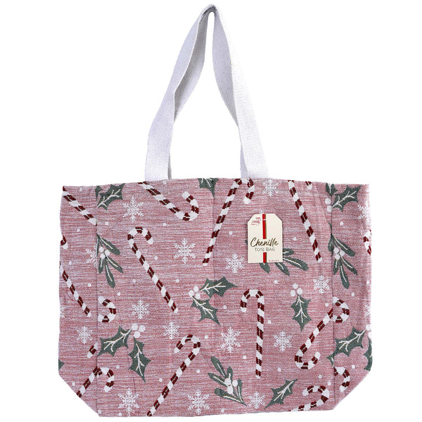 Christmas Pink Candy Canes Chenille With Lurex Tote Bag 16" X 16" X 6"