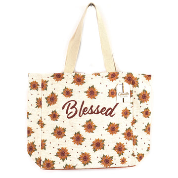 Harvest Blessed With Sunflowers Chenille With Lurex Tote Bag, 16" X 16" X 6"