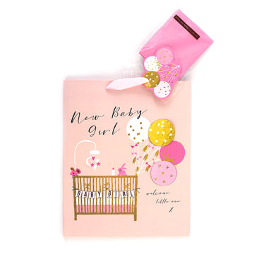 Large Surprise Baby Pink Crib, Glitter, Gold Elite Bag, 2 Side Hot Stamp Treatment & Tissue