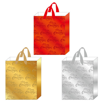 3Pk Large Merry Christmas Glitter On Matte Metallic Bag, Mc Typography, 3 Colors