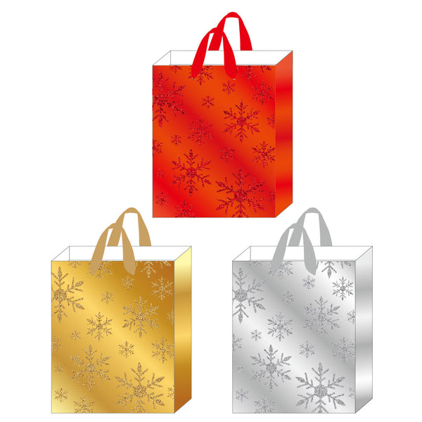 3Pk Large Christmas Glitter On Matte Metallic Bag, Snowflakes, 3 Colors