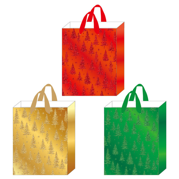 3Pk Large Christmas Glitter On Metallic Bag, Trees, 3 Colors