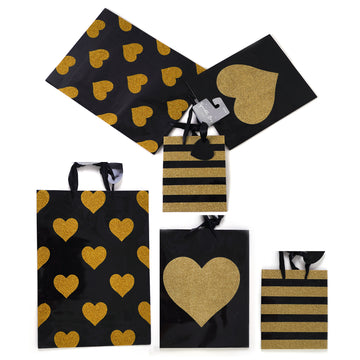 3Pk M/L/E Multi Size Glitter On Glossy Black-Gold Stripe Hearts Gift Bags
