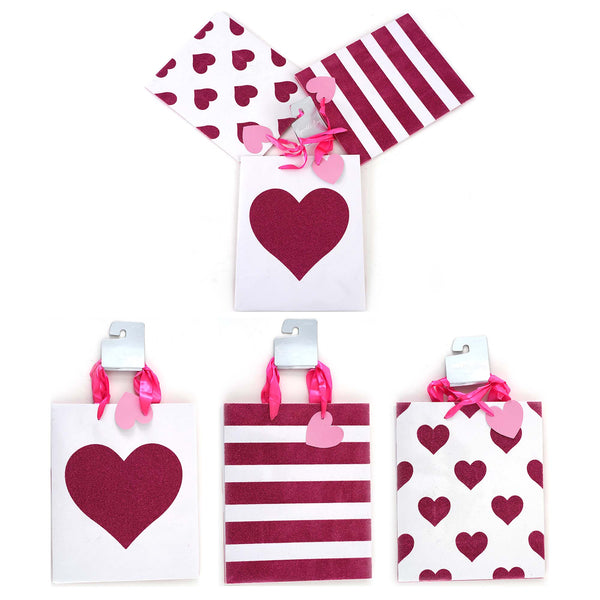 3Pk Large Glitter On Gloss Pink-White Stripe Hearts Gift Bags