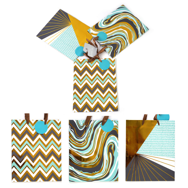 3Pk Large Chevron-Geo-Marble Aqua Gold Grey Hot Stamp Gift Bags