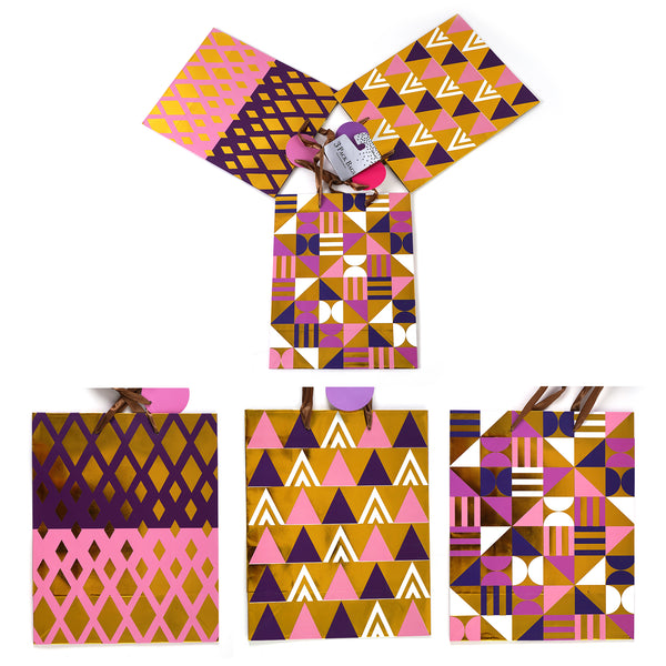3Pk Large Hot Stamp Plum Pink Gold Geometrics Gift Bags