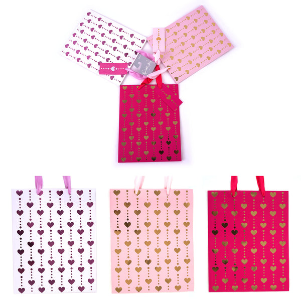 3Pk Large Hot Stamp On Matte Hanging Hearts Gift Bags, 3 Colors