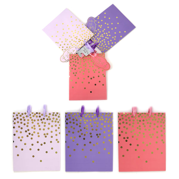 3Pk Large Hot Stamp On Matte Speckled Dots Gift Bags, 3 Colors
