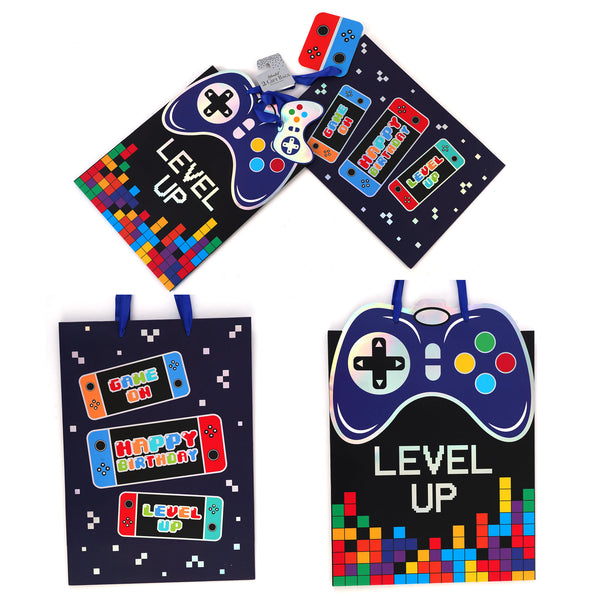 2Pk Extra Large Hologram Hot Stamp Gift Bags, Gamer Boy Delight, 2 Designs