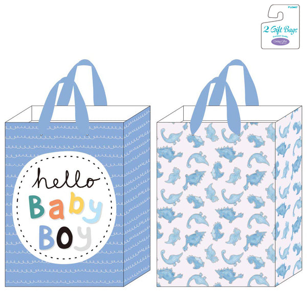 2Pk Extra Large Hot Stamping Gift Bags, Hello Baby Boy & Blue Dinos, 2 Designs