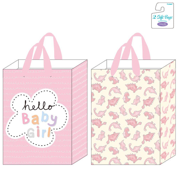 2Pk Extra Large Hot Stamping Gift Bags, Hello Baby Girl & Pink Dinos, 2 Designs