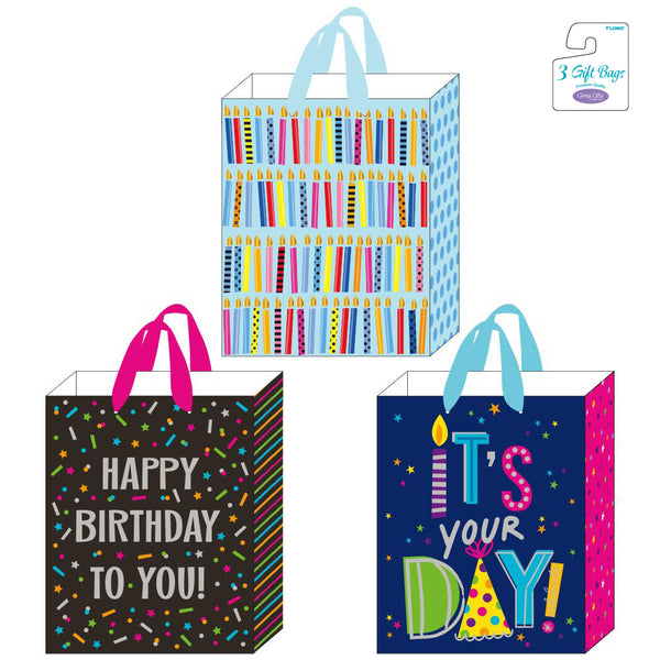 3Pk Large Hot Stamping Gift Bags, Celebrate Your Birthday, 3 Designs
