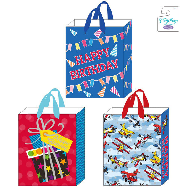 3Pk Large Hot Stamp Gift Bags, Happy Birthday Banner/Gift/Planes, 3 Designs