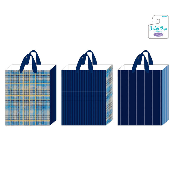 3Pk Large Hot Stamping Gift Bags, Masculine Camo Blue Plaid & Stripes, 3 Designs