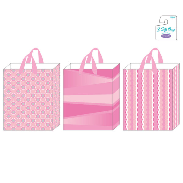 3Pk Large Hot Stamping/Glitter Gift Bags, Pink Geometrics, 3 Designs