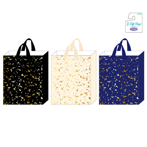 3Pk Large Hot Stamping Gift Bags, Black/Cream/Navy Confetti, 3 Designs