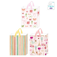 3Pk Large Hot Stamping Gift Bags, Parisian Bows & Stripes, 3 Designs