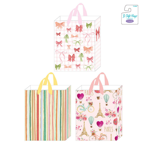 3Pk Large Hot Stamping Gift Bags, Parisian Bows & Stripes, 3 Designs